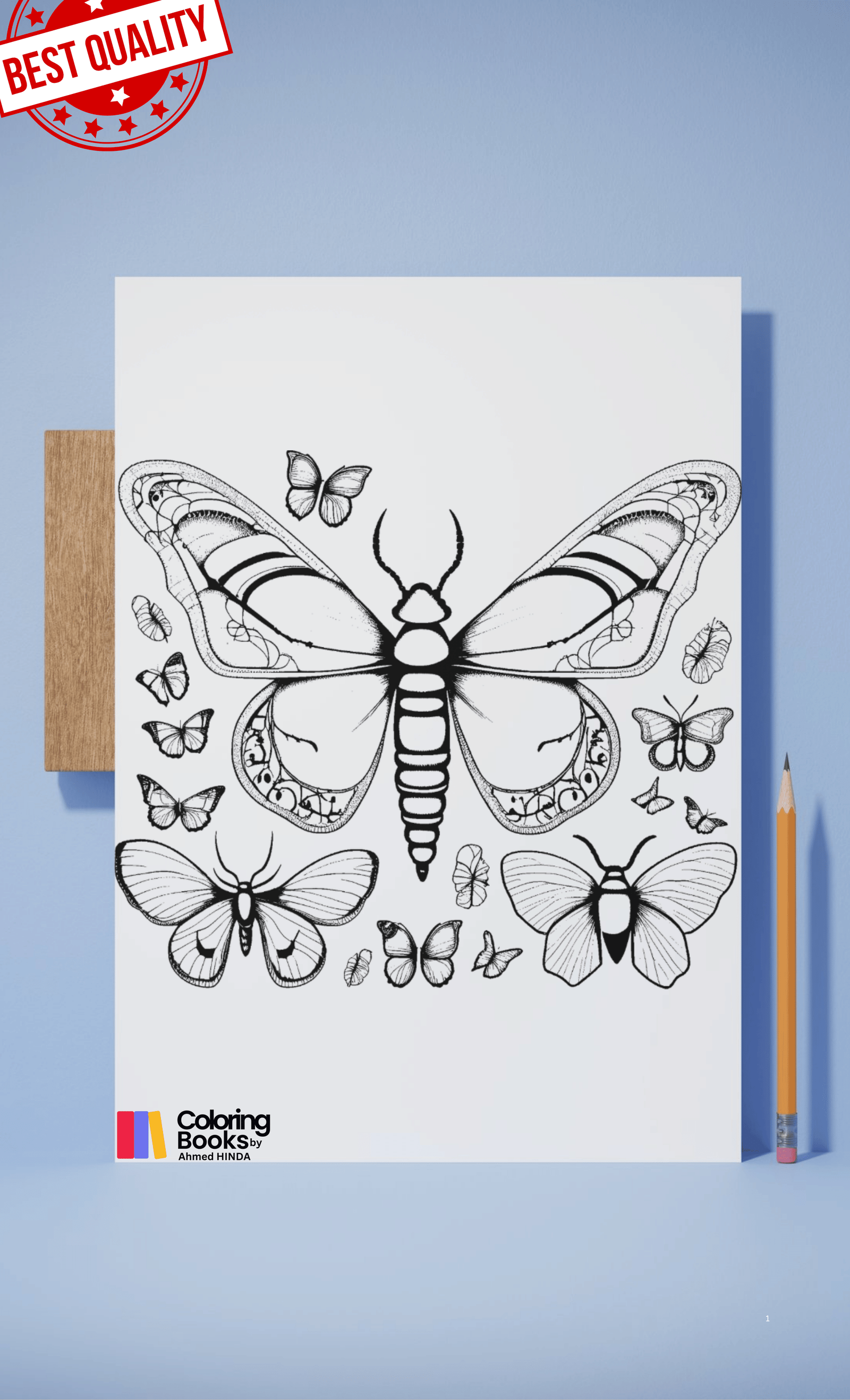 Bug-themed coloring book cover with detailed drawings of beetles, butterflies, and spiders.