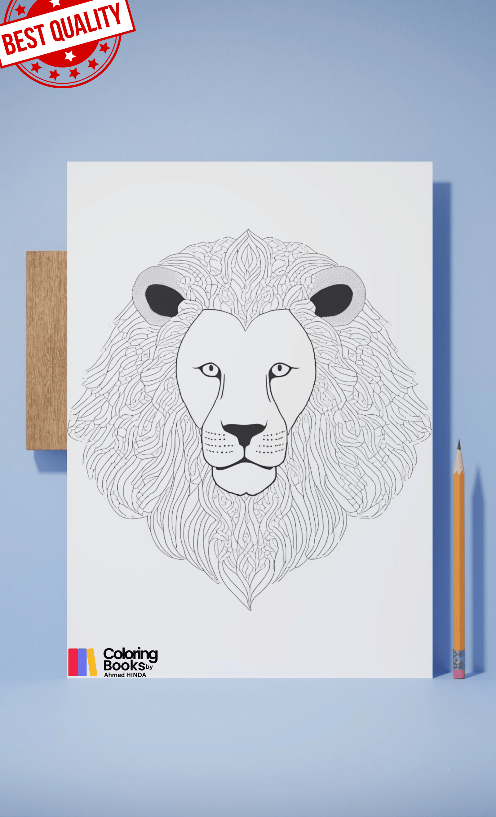 "Animal-themed coloring book cover with lions, elephants, and tropical birds."