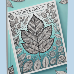 Nature's Canvas coloring book cover featuring intricate tree leaf designs on a soft pastel blue background.